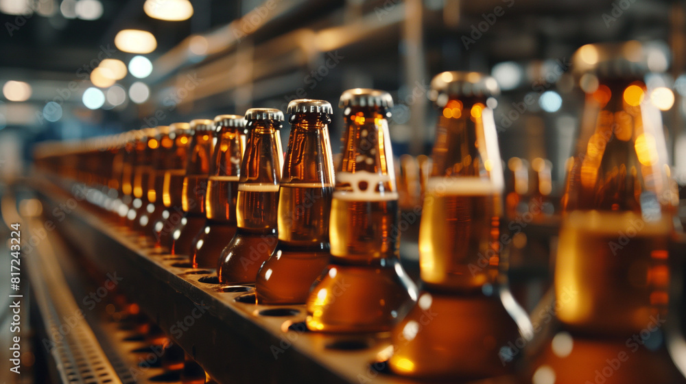 full beer bottles in a production line, oktoberfest concept, created with generative AI technology full beer bottles in a production line, oktoberfest concept, created with generative AI technology