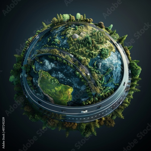 Round globe with trees and roads. Earth planet.