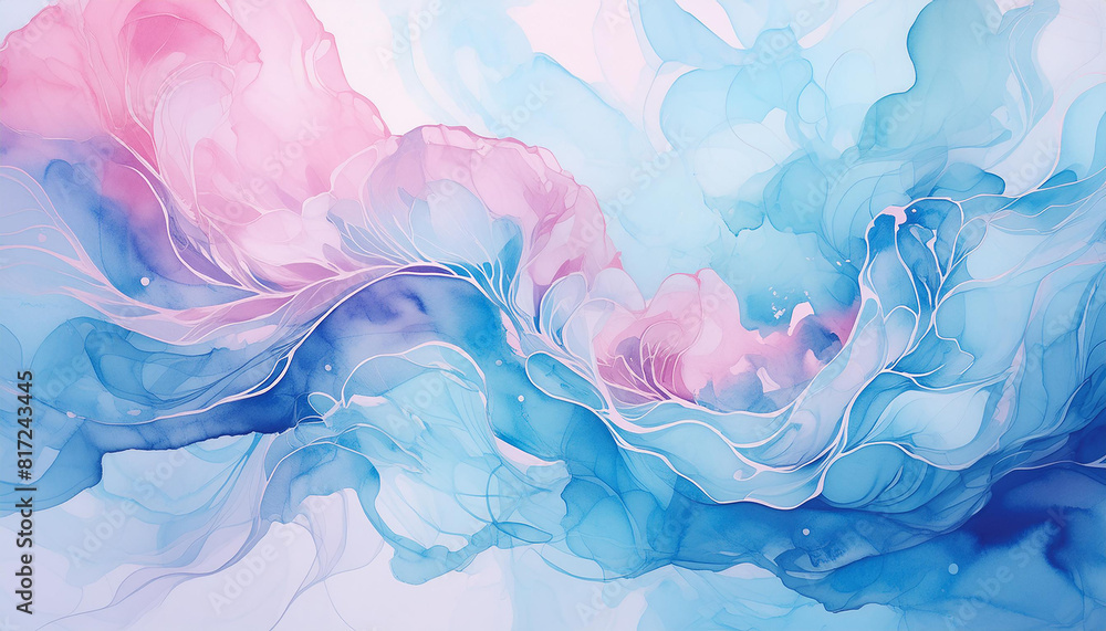Watercolor abstract painting. Stains in water, blue and pink colors. Modern hand drawn art.