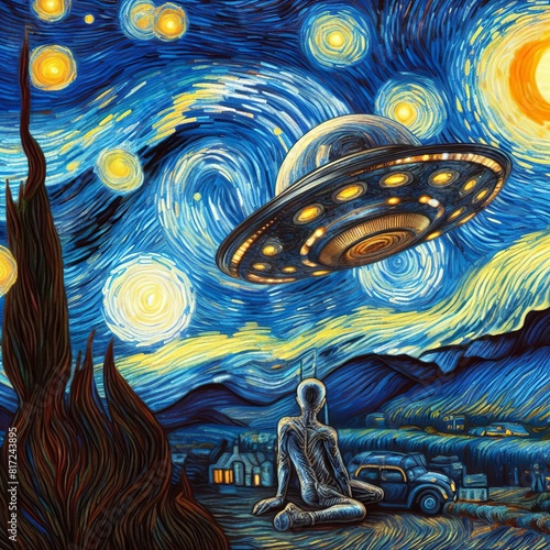 UFO Abduction Starry night Art  Generative AI