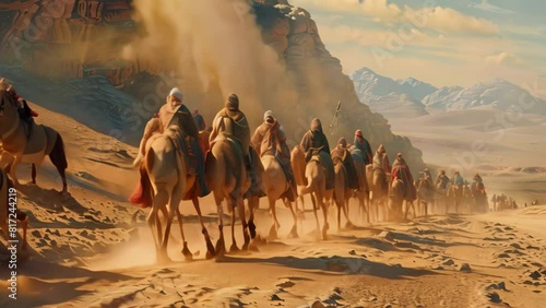 A caravan of traders traveling across the desert on camelback, A caravan of traders making their way across the desert on camelback photo