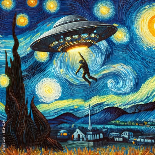 UFO Abduction Starry night Art  Generative AI