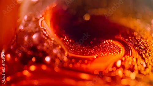 A close-up view of a glass showing water droplets on its surface, A carbonated beverage swirling with layers of syrupy sweetness photo