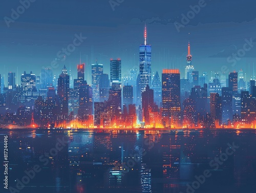Glimmering Cityscape at Night - Mesmerizing Illustration of Urban Skyline with Towering Skyscrapers  