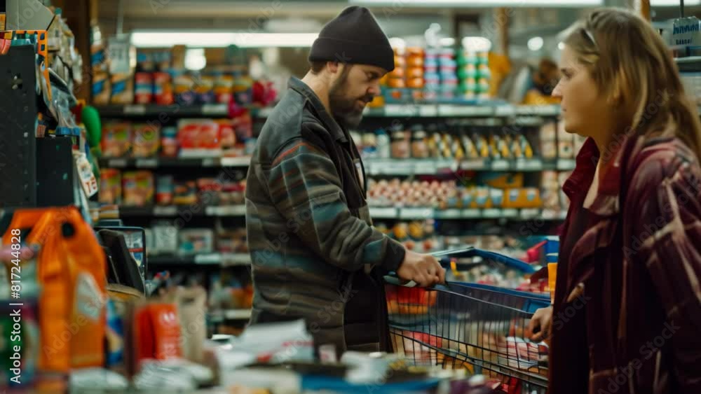 A man and woman are shopping together in a grocery store, selecting items and pushing a cart filled with groceries, A cashier ringing up a cart filled with an assortment of items A man and woman are shopping together in a grocery store, selecting items and pushing a cart filled with groceries, A cashier ringing up a cart filled with an assortment of items