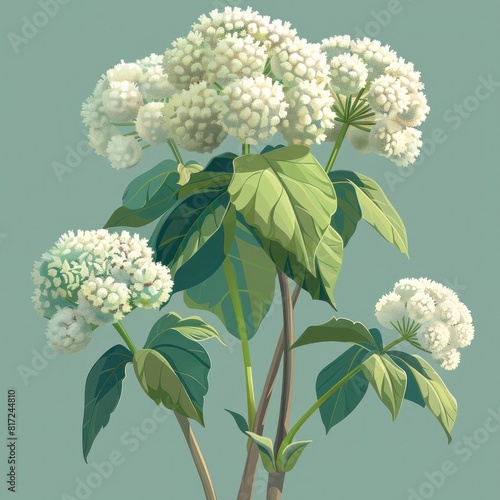 Detailed of a Mature Angelica Plant with Large White Umbels in Lush Botanical Display photo