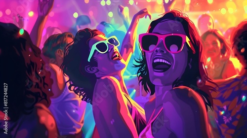 Vibrant Beach Party Diverse Dancers Radiating Joy Under Disco Lights