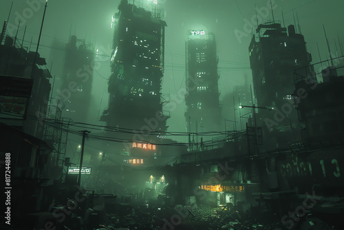 Immerse viewers in a post-apocalyptic Cyberpunk world using eye-level shots of neon-lit cityscapes blended with decaying industrial wastelands and intrusive digital glitches