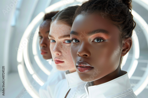 A portrait of three models, each representing different ethnicities and skin tones, captured in front of futuristic LED light circles