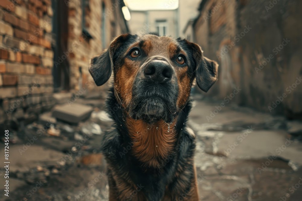 Obraz premium A dog is standing in a wet alleyway, looking up at the camera