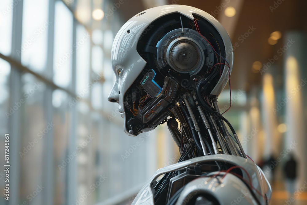 Fototapeta premium Exposed robotic head with visible wires