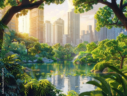 Tranquil City Park with Lush Greenery - Illustration of Serene Urban Oasis Amidst Towering Skyscrapers! 