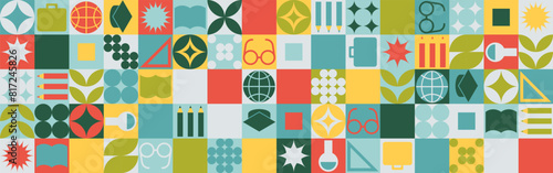 School seamless background for a stand made of geometric shapes, colored mosaic in a trendy style. Student and office worker template for wallpaper and web cover - globe, book. glasses, pencils.