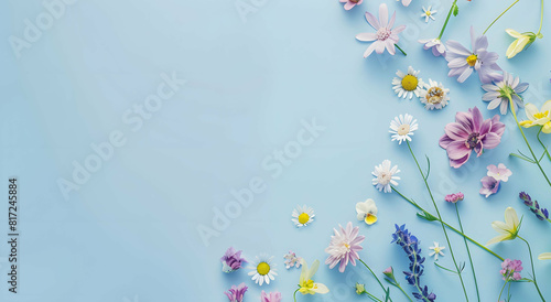Creative layout made of various flowers. Flat lay delicate colors bouquet . 