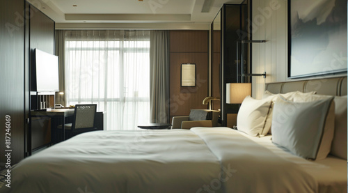 Hotel bedroom interior  beige curtains  luxury design  beautiful hotel bedroom