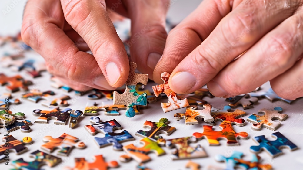 A close-up shot of a person's hands carefully assembling a complex jigsaw puzzle, pieces scattered around on a table. A close-up shot of a person's hands carefully assembling a complex jigsaw puzzle, pieces scattered around on a table.