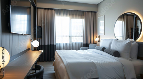 interior bedroom hotel  beige curtains  wall hanging mirror  luxury design  beautiful hotel bedroom