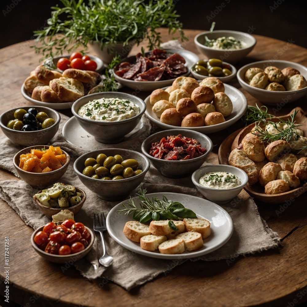Feast for senses unfolds on rustic wooden table, laden with array of mediterranean appetizers. Small bowls filled with olives, sun-dried tomatoes add vibrant colors to scene. Freshly baked bread. Feast for senses unfolds on rustic wooden table, laden with array of mediterranean appetizers. Small bowls filled with olives, sun-dried tomatoes add vibrant colors to scene. Freshly baked bread.