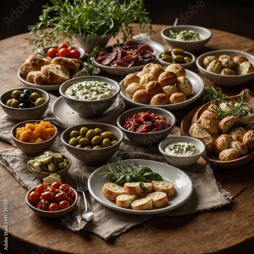 Feast for senses unfolds on rustic wooden table, laden with array of mediterranean appetizers. Small bowls filled with olives, sun-dried tomatoes add vibrant colors to scene. Freshly baked bread.