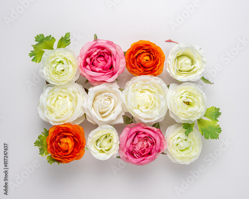 Creative layout of beautiful rose flowers on white background. Minimal holiday concept.