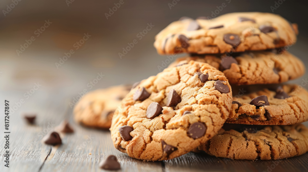 delicious chocolate chip cookies stacked on a wooden table delicious chocolate chip cookies stacked on a wooden table