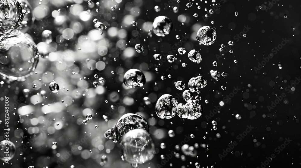 Background featuring air bubbles in water, illustrating abstract oxygen bubbles in the sea, isolated against a black background in black and white tones. Background featuring air bubbles in water, illustrating abstract oxygen bubbles in the sea, isolated against a black background in black and white tones.