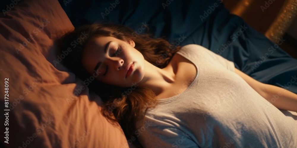 Top view of young woman sleeping in her bed at night. Girl sleeping with closed eyes Top view of young woman sleeping in her bed at night. Girl sleeping with closed eyes