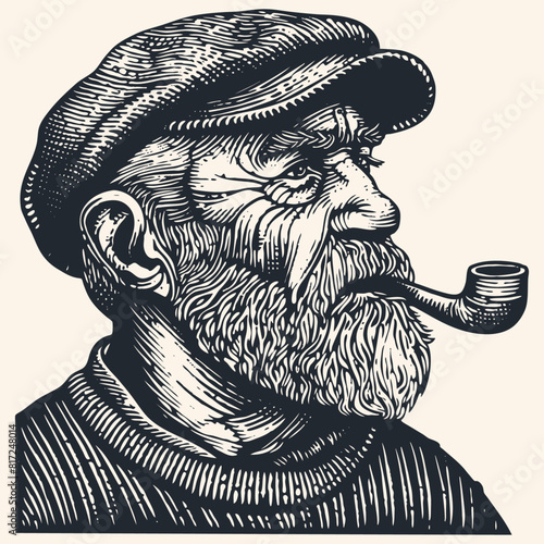 An old fisherman in a cap smokes a pipe, vector illustration