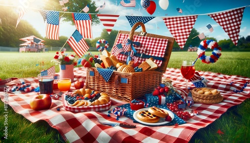 Sparkling independence day gathering in the park. festive Fourth of July picnic in the park featuring a checkered blanket, picnic basket filled with goodies, and vibrant patriotic decorations.