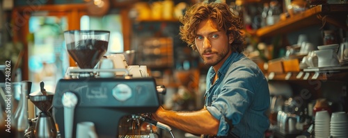 Barista preparing coffee with serious look