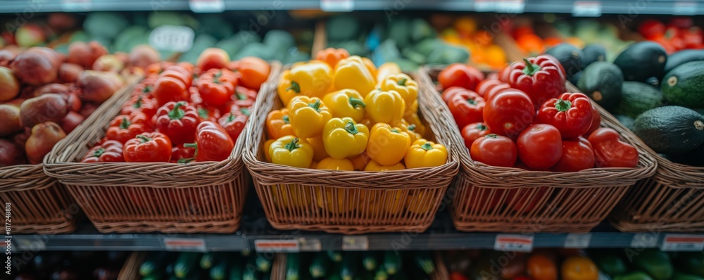 Variety of tomatoes in baskets at store Variety of tomatoes in baskets at store