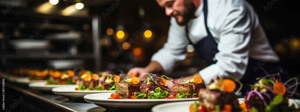 Chef finishing her plate and almost ready to serve at the table.