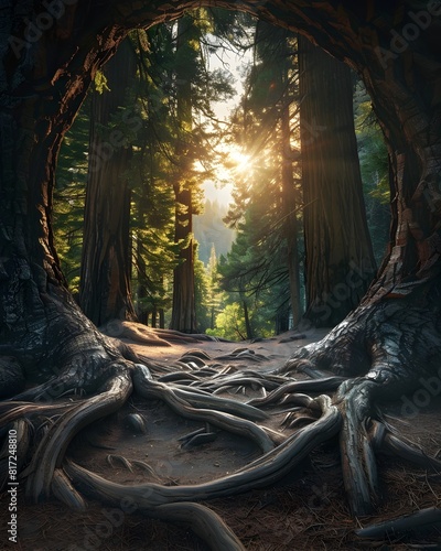 Intertwined Roots Forging a Pathway Through the Lush Sequoia Forest of Yosemite