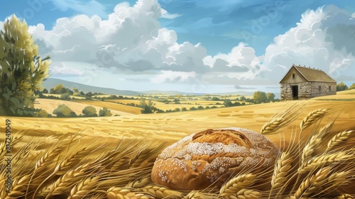 Fototapeta Naklejka Na Ścianę i Meble -  A painting depicting a wheat field with a house in the background, showcasing the rural landscape of a farm. Generative AI