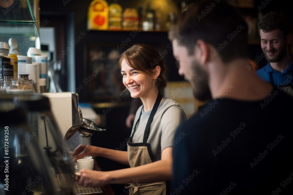 two smiling colleagues making take away coffee behind the counter of a coffee shop two smiling colleagues making take away coffee behind the counter of a coffee shop