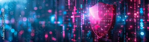 Cyber defense concept with a shield blocking digital threats, cybersecurity, bright and dark contrasts, digital illustration photo