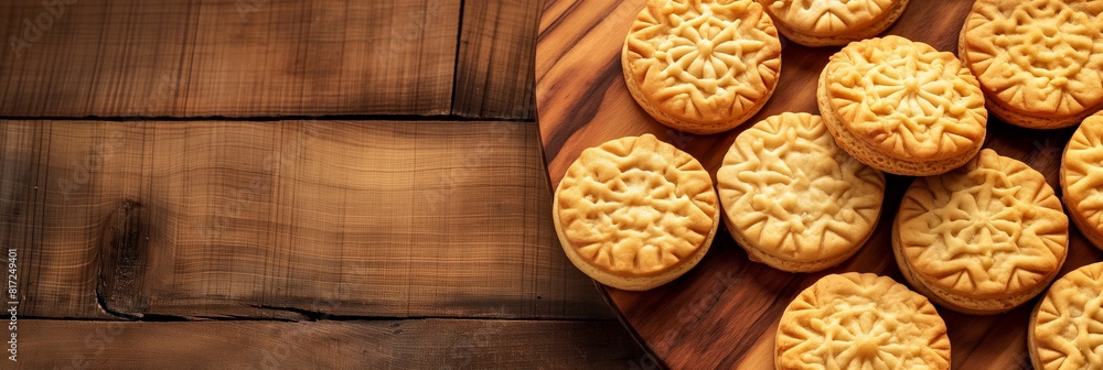 Warm, inviting close-up of golden brown cookies neatly arranged on a wooden board, with rustic background Warm, inviting close-up of golden brown cookies neatly arranged on a wooden board, with rustic background