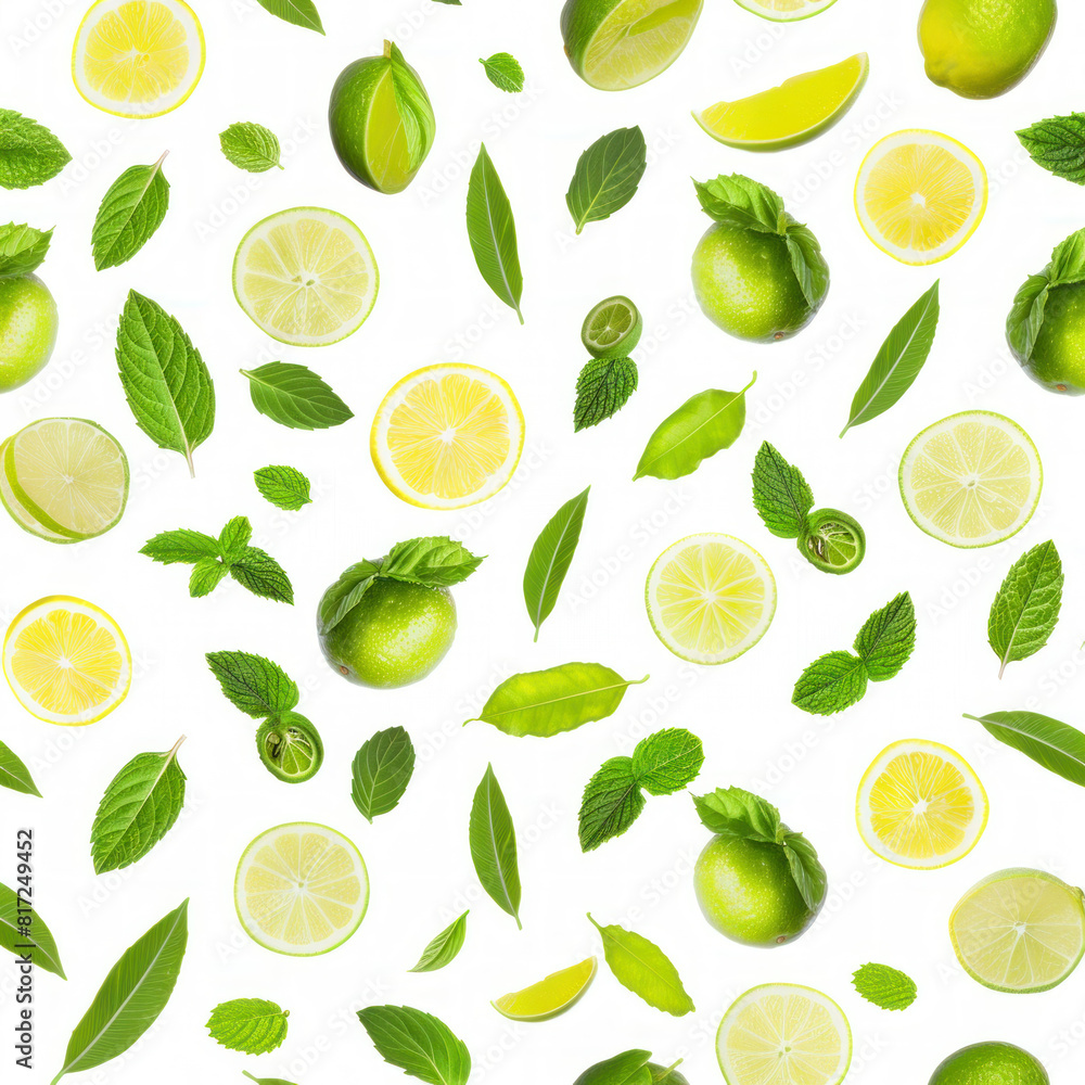 Flat lay background with limes and mint on white background Flat lay background with limes and mint on white background