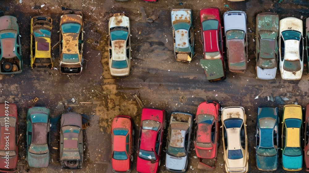 Old rusty cars on scrap metal yard, seamless background, flat lay Old rusty cars on scrap metal yard, seamless background, flat lay