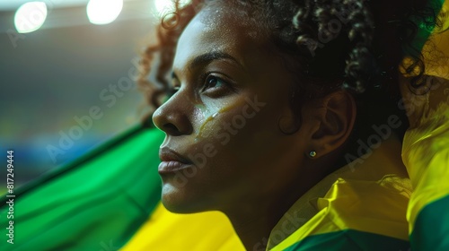 Anxious young Brazilian soccer fan, a black woman, holding Brazil flag, watching the match. photo