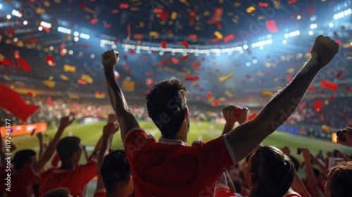 Back view of football, soccer fans cheering their team at crowded stadium at night time. Football fans celebrating a victory in stadium. Concept of sport photo