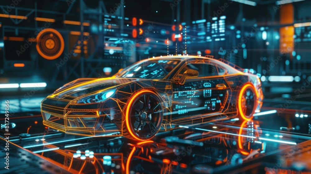 Futuristic car service, scanning, auto data analysis, Scanning a car in a hologram in HUD style, Automotive diagnostics in digital futuristic style Futuristic car service, scanning, auto data analysis, Scanning a car in a hologram in HUD style, Automotive diagnostics in digital futuristic style