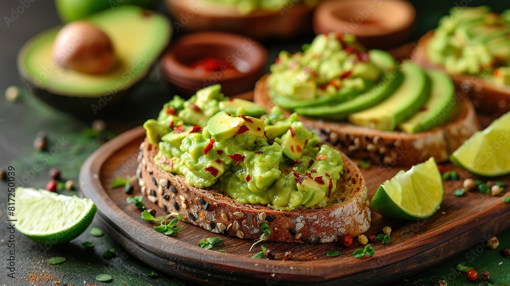   A clear photo captures an avocado sandwich and limes nearby