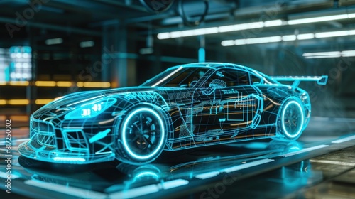 Futuristic car service, scanning, auto data analysis, Scanning a car in a hologram in HUD style, Automotive diagnostics in digital futuristic style