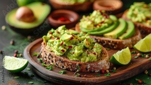  A clear photo captures an avocado sandwich and limes nearby