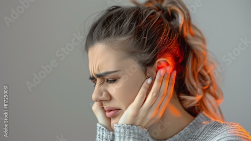 Young woman ear pain touching painful ear photo