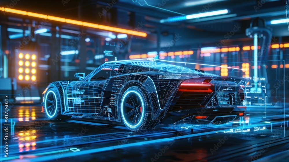 Futuristic car service, scanning, auto data analysis, Scanning a car in a hologram in HUD style, Automotive diagnostics in digital futuristic style Futuristic car service, scanning, auto data analysis, Scanning a car in a hologram in HUD style, Automotive diagnostics in digital futuristic style
