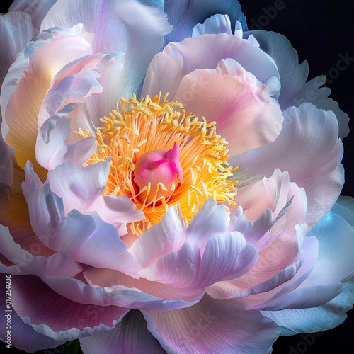 a blooming peony with delicate petals in shades of pink and blue with a bright orange center. 