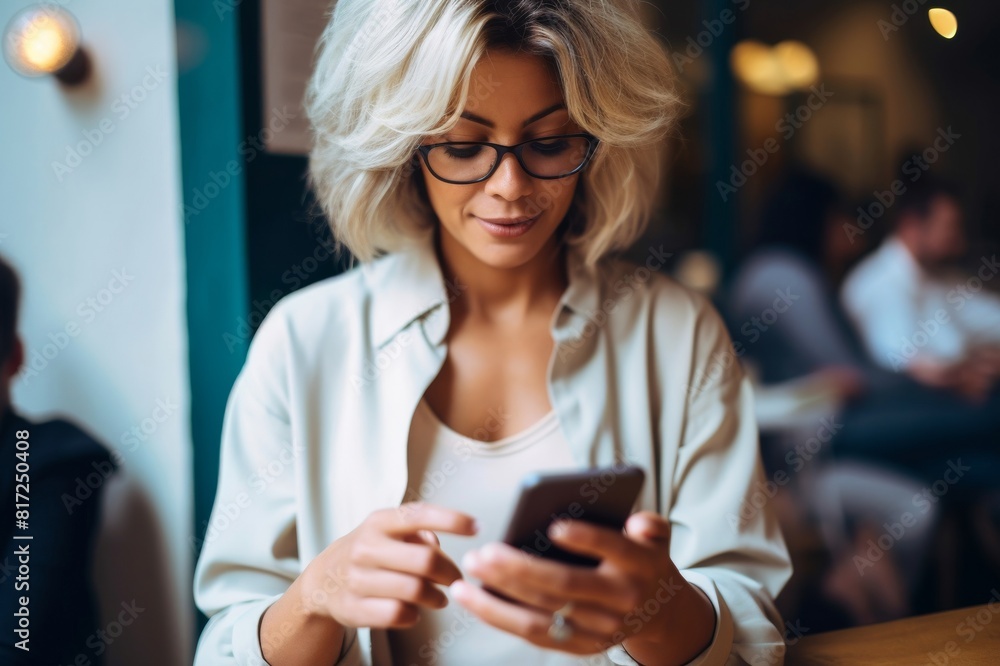 Unrecognizable Businesswoman Using Mobile Phone in a Cafe Unrecognizable Businesswoman Using Mobile Phone in a Cafe