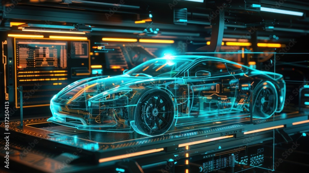 Futuristic car service, scanning, auto data analysis, Scanning a car in a hologram in HUD style, Automotive diagnostics in digital futuristic style Futuristic car service, scanning, auto data analysis, Scanning a car in a hologram in HUD style, Automotive diagnostics in digital futuristic style